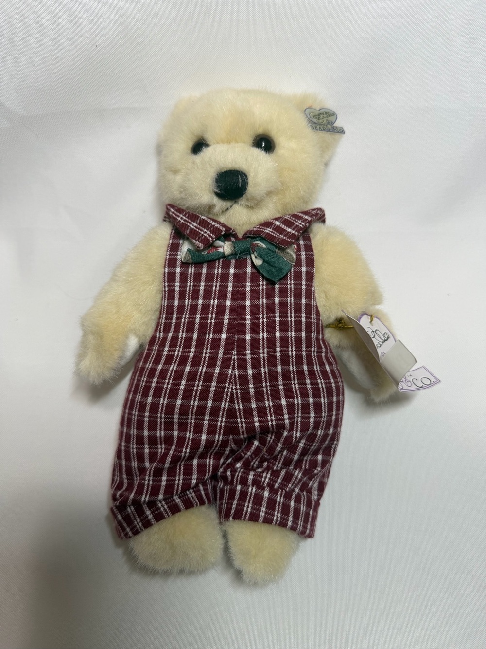 Plush Cream Teddy Bear in Burgundy Plaid Overalls
